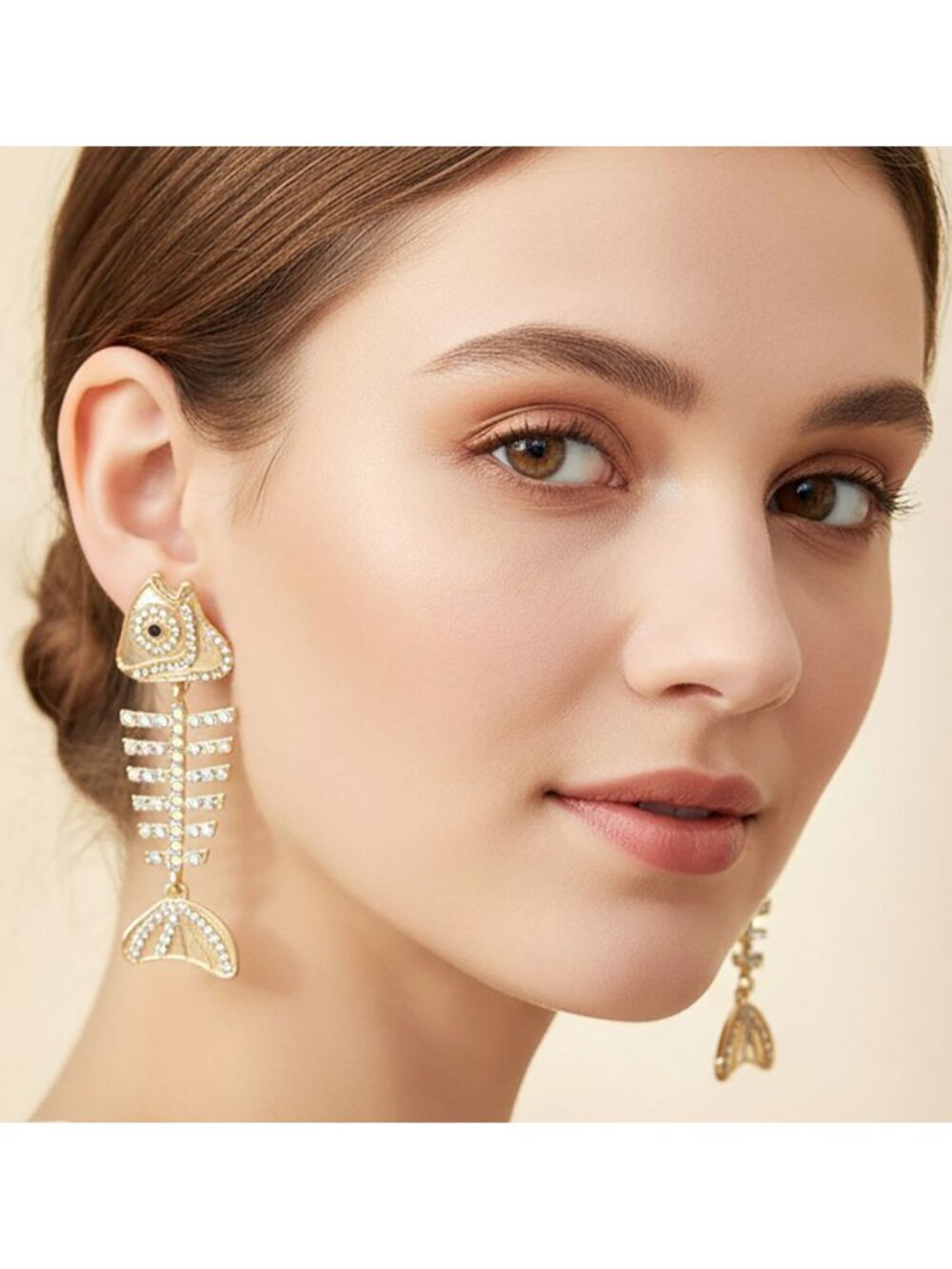 Tigerstars Gold Rhinestone Embellished Fishbone Statement Earrings